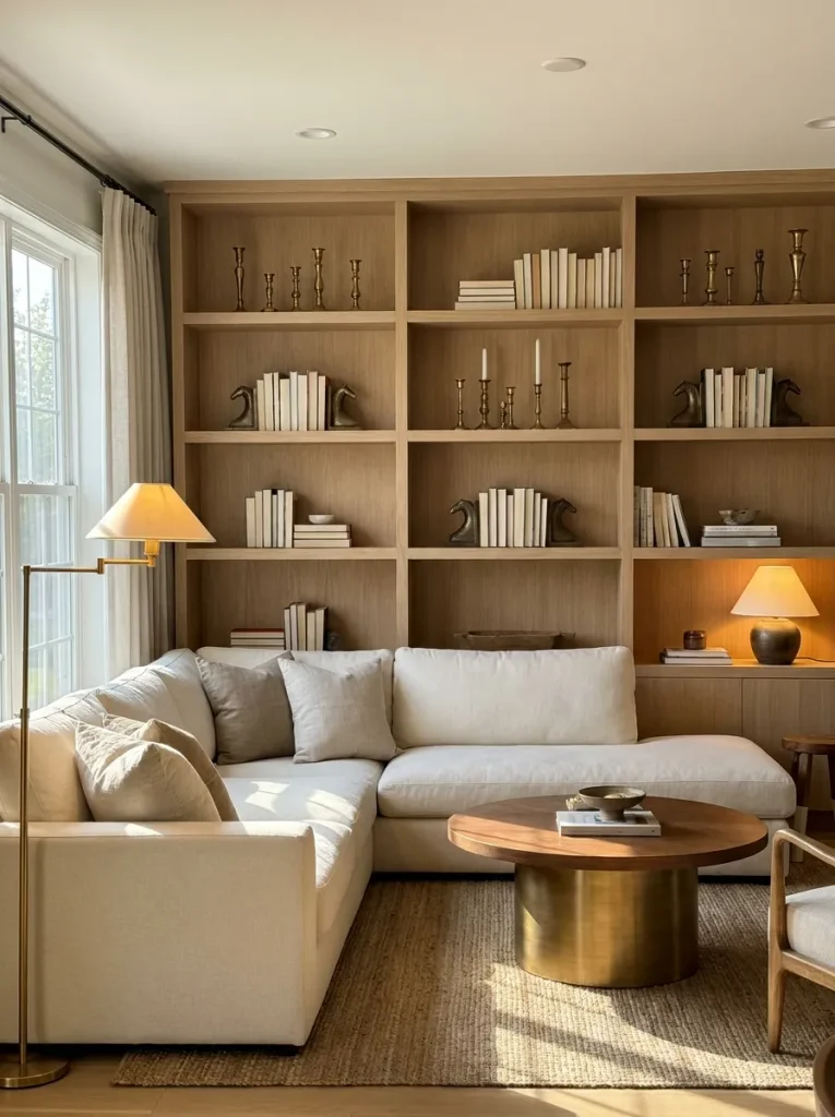Arrange Warm Brass and Matte Metal Accents on Open Shelving