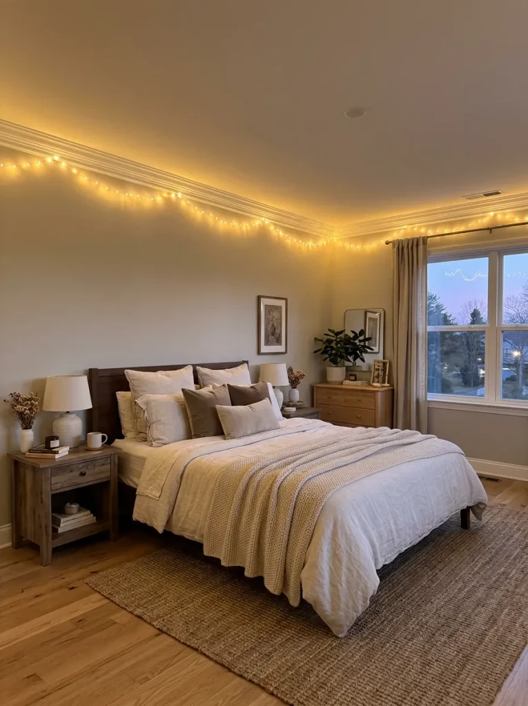 String Warm Orange Fairy Lights Along the Ceiling Perimeter