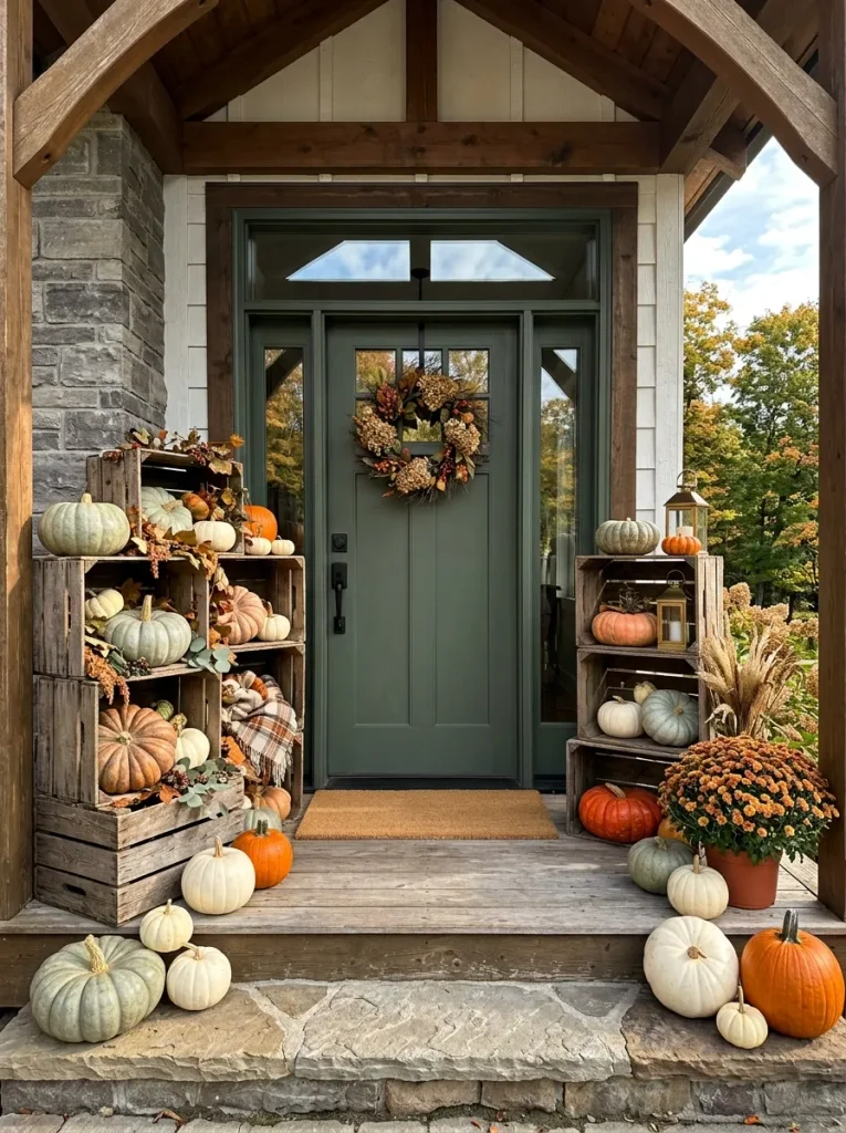 Flank the Threshold with Layered Heirloom Pumpkins on Weathered Timber Crates