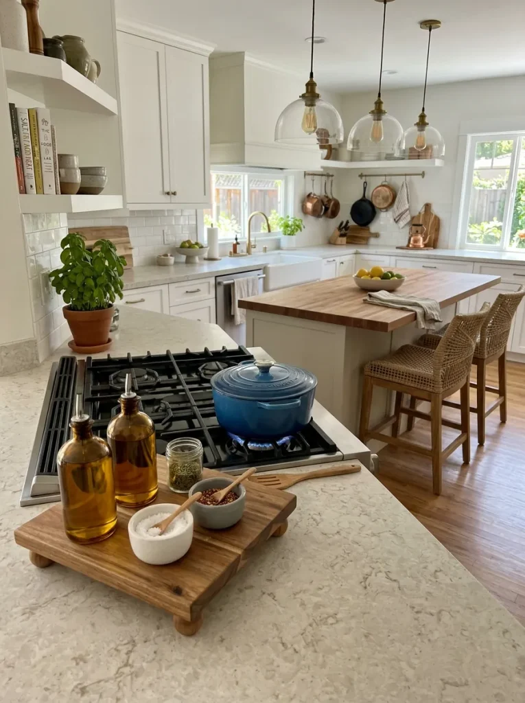 Footed Wood Board with Cooking Oils A vertical 23 realistic Pinterest style photo of a complete kitchen