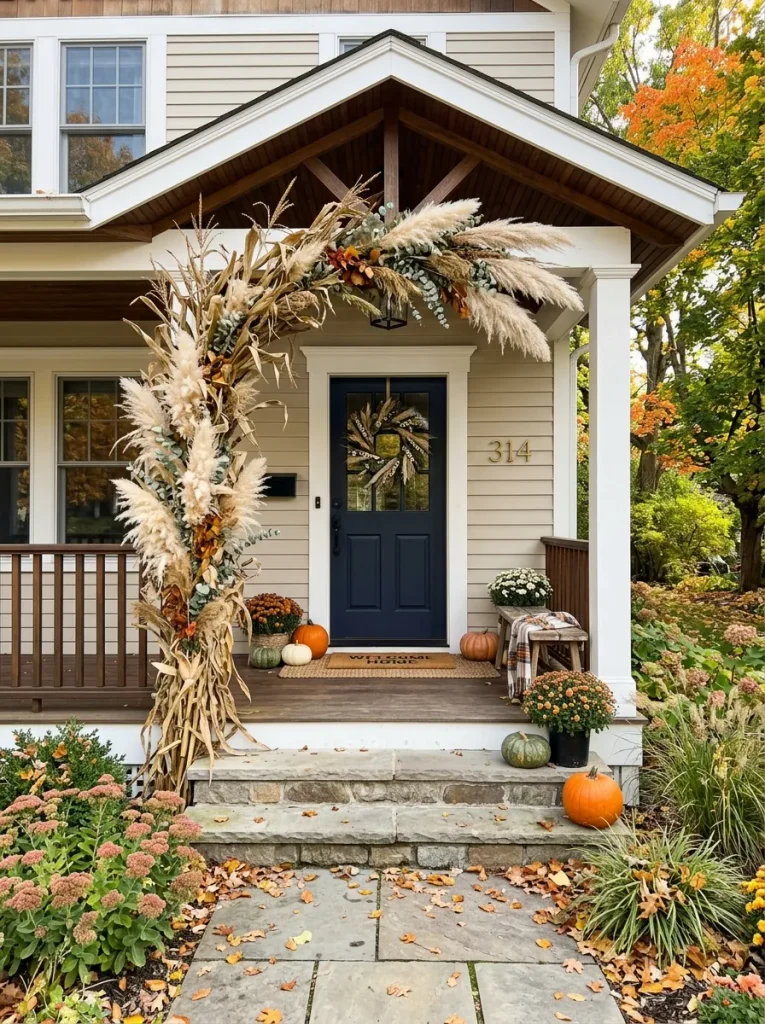 Frame the Entry with an Asymmetrical Dried Cornstalk and Pampas Arch