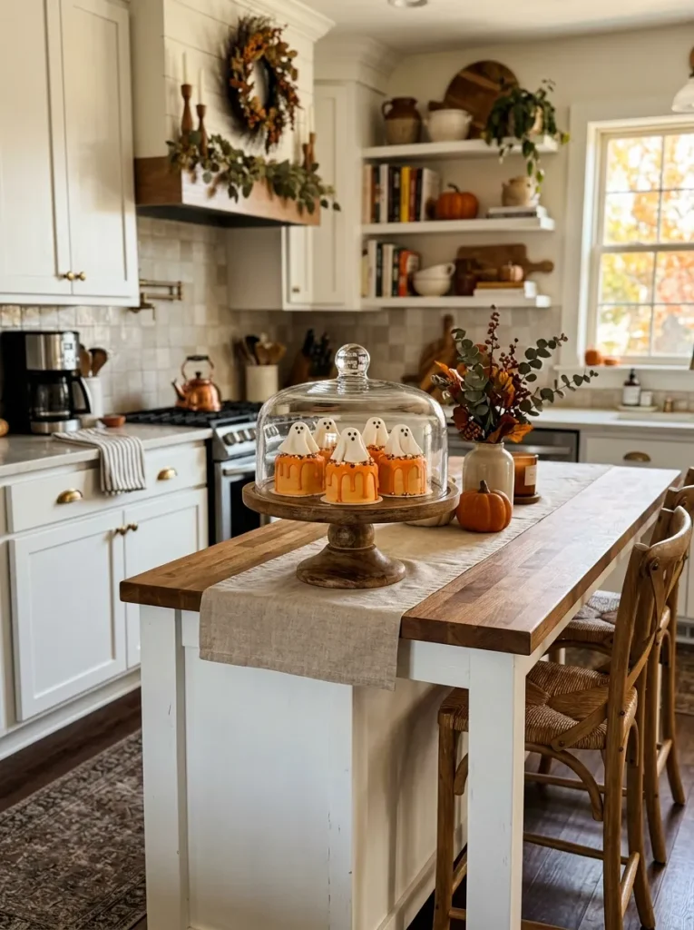 Ghost-Draped Mini Cakes A vertical 23 realistic Pinterest style photo of an entire kitchen interioR
