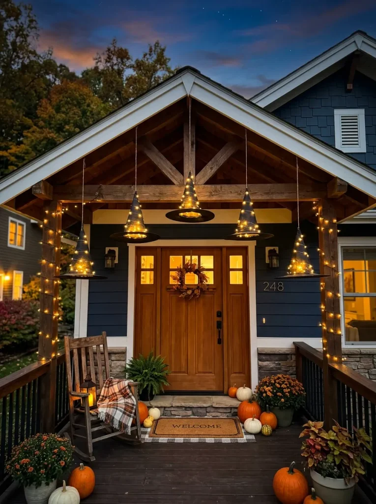 Hang Floating Witch Hats with Warm Fairy Lights Beneath the Porch Eaves