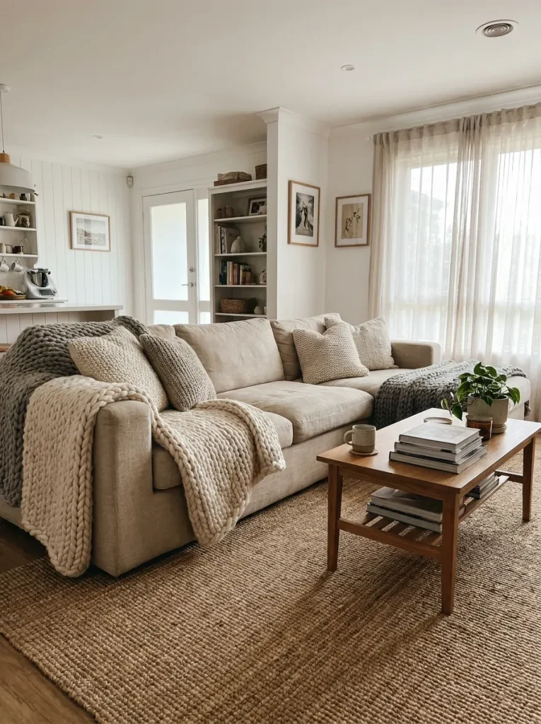Layer Heavy Woven Wool Throws Over Neutral Seating