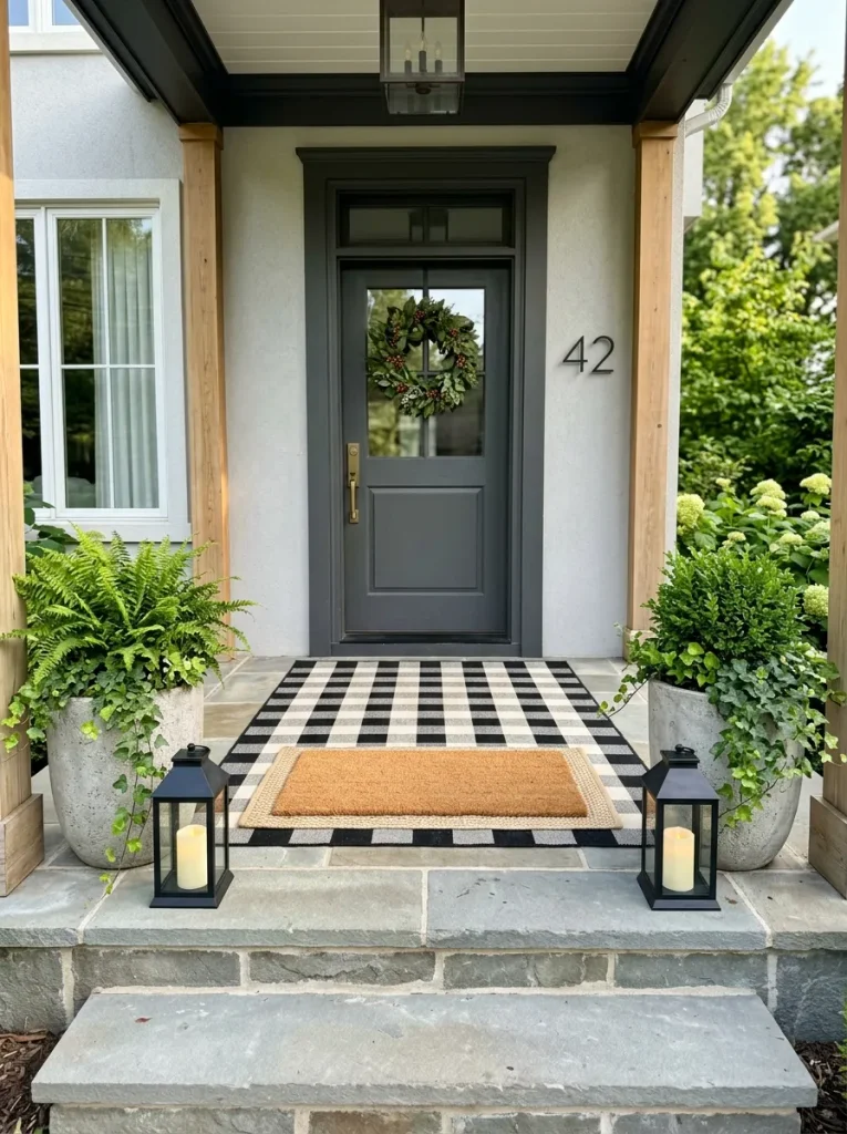 Layer a Textured Buffalo Check Outdoor Rug Beneath a Natural Coir Doormat