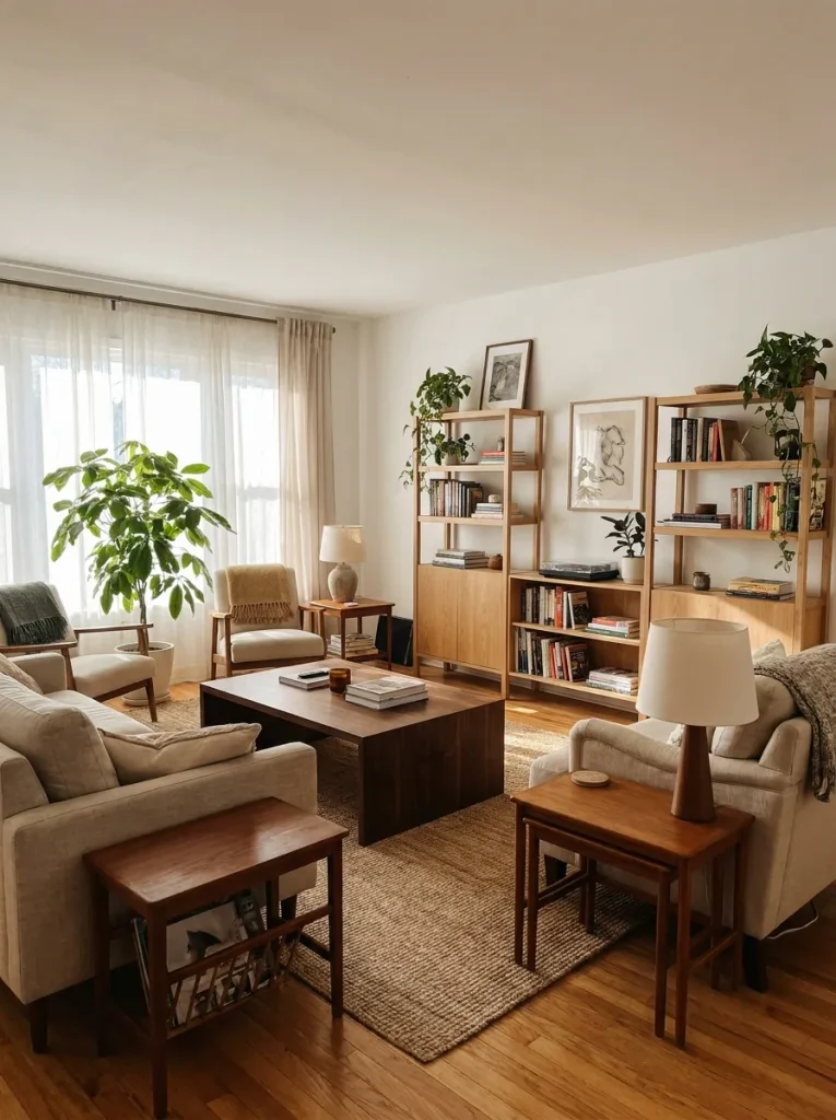 Mix Warm-Toned Wood Furniture Pieces Across the Living Room