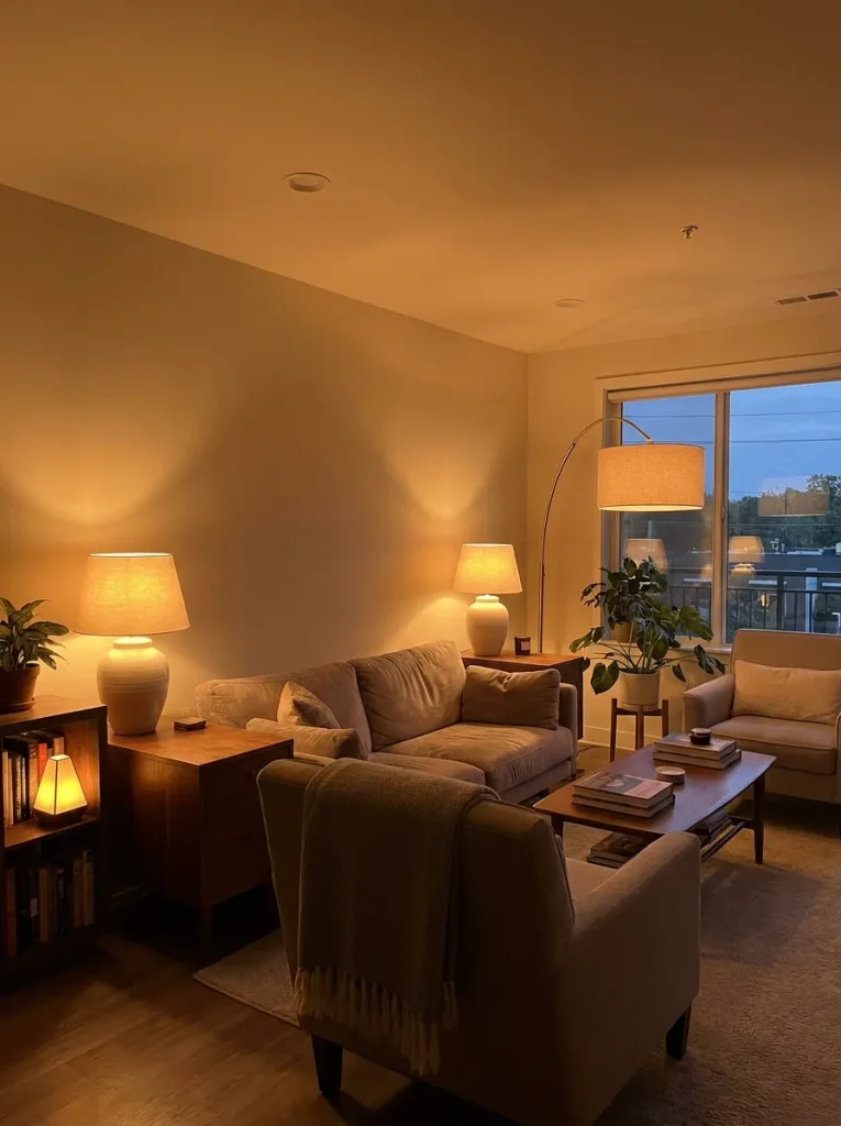 Replace Cold Overhead Ceiling Fixtures with Multi-Level Table and Floor Lamps