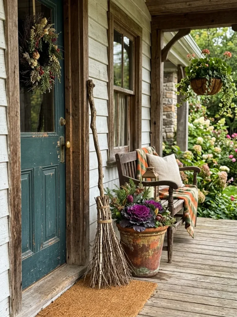 Position an Antique Standing Witch Broom Beside an Aged Terracotta Planter