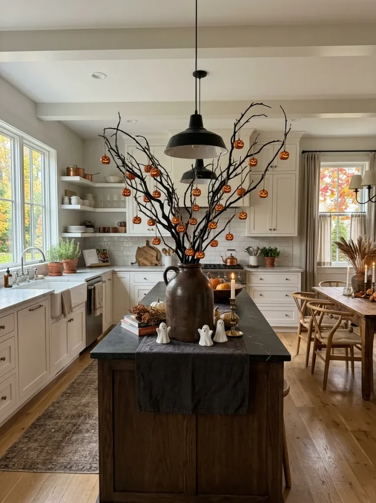 Spooky Branch Island Centerpiece A vertical 23 realistic Pinterest style photo of an entire kitchen