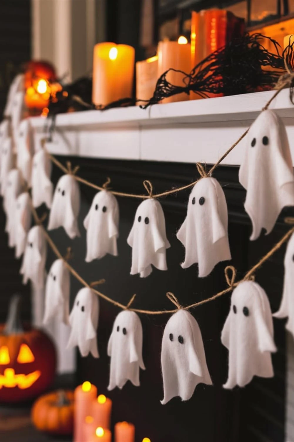 Cute ghost decor idea 12: Clip Fabric Ghosts to a Twine Mantel Garland