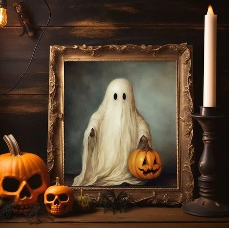 Cute ghost decor idea 18: Frame a Ghost-and-Pumpkin Painting