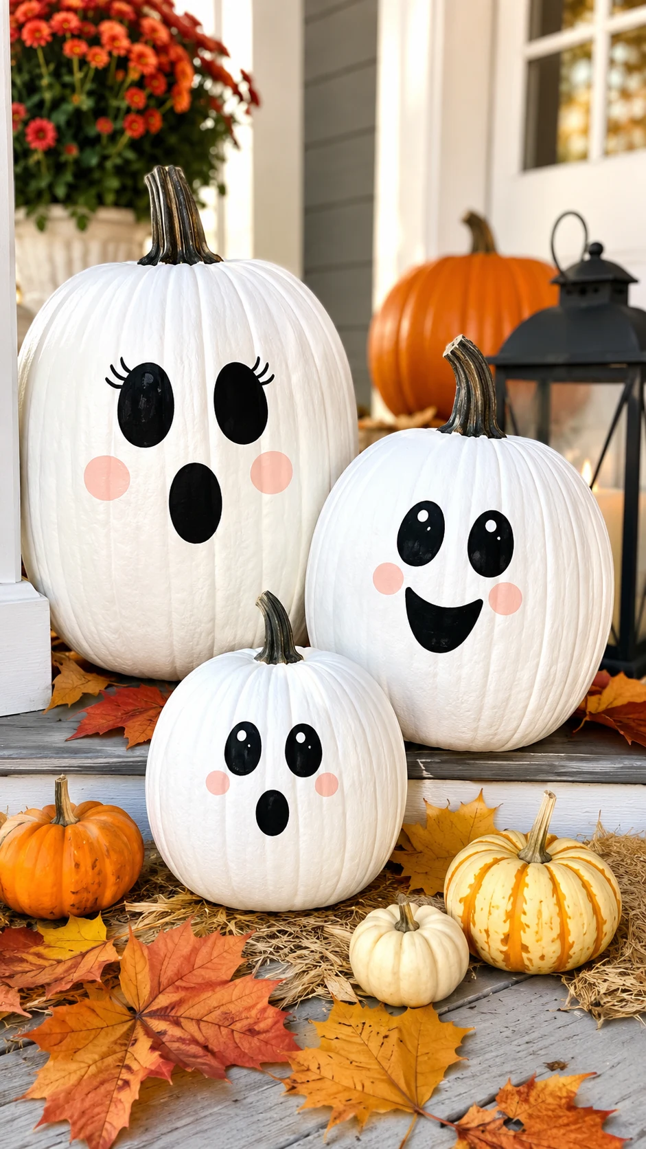 Cute ghost decor idea 19: Paint Ghost Faces on White Pumpkins