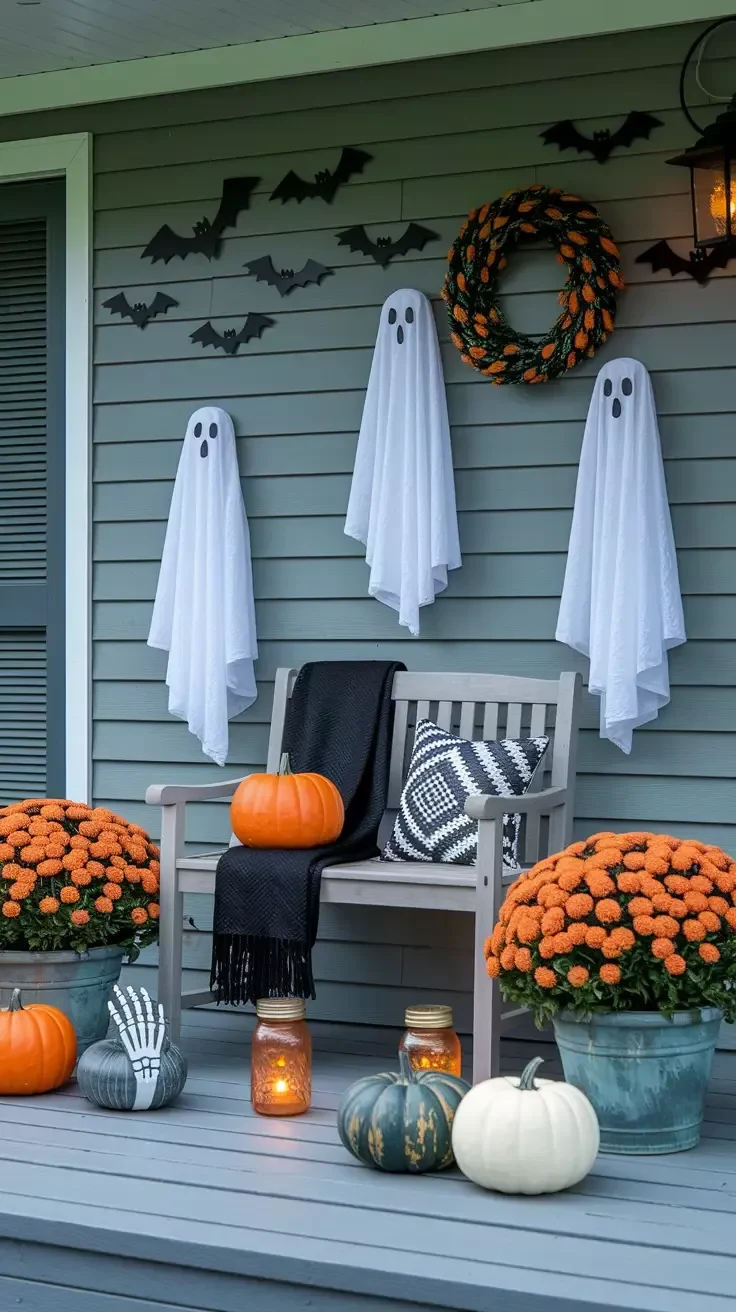 Cute ghost decor idea 23: Hang Sheet Ghosts on the Porch Wall