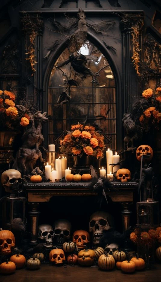 Gothic Halloween decor idea 1: Frame Your Fireplace With a Cathedral-Worthy Gothic Mantel