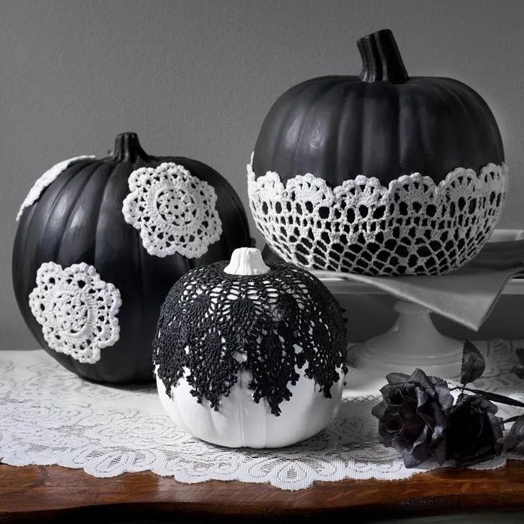 Gothic Halloween decor idea 4: Dress Pumpkins in Black-and-White Lace