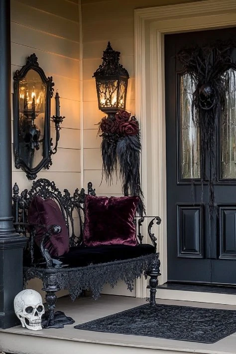 Gothic Halloween decor idea 7: Style a Gothic Sitting Porch With Velvet and Skulls
