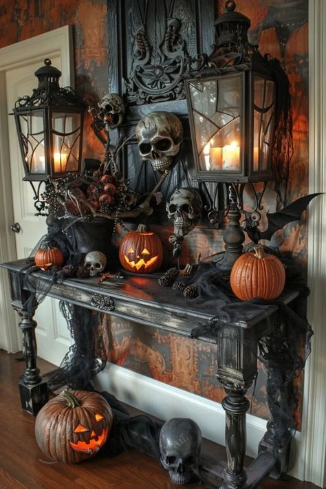 Gothic Halloween decor idea 8: Turn the Entry Console Into a Gothic Welcome Shrine