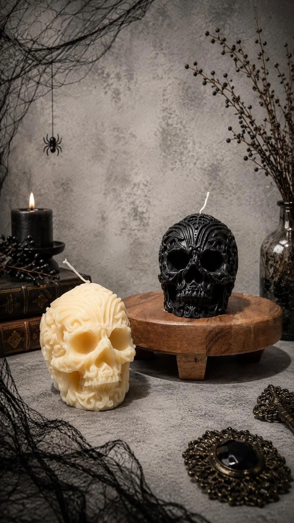 Gothic Halloween decor idea 14: Burn Carved Skull Candles Under Black Gauze