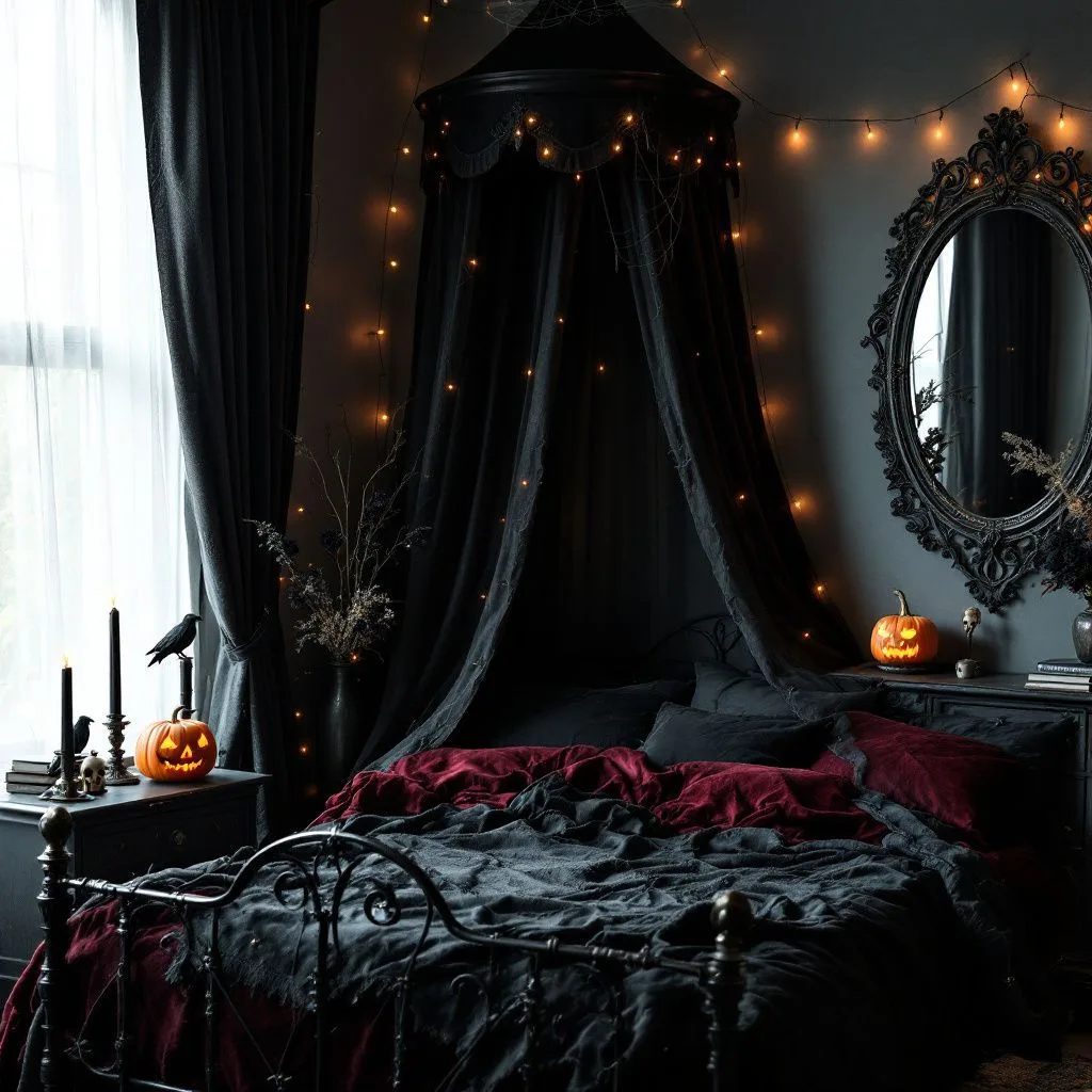 Gothic Halloween decor idea 16: Hang Black Canopy Drapes for a Vampire Bedroom