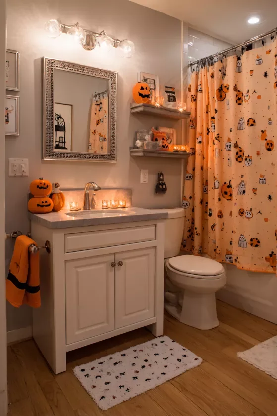 Halloween bathroom decorating idea 1: Match the Shower Curtain to Small Pumpkins on the Counter