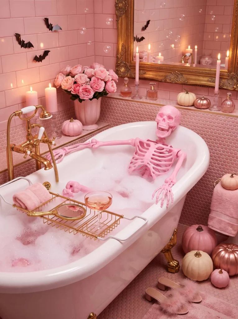 Halloween bathroom decorating idea 2: Let a Pink Skeleton Take a Bubble Bath