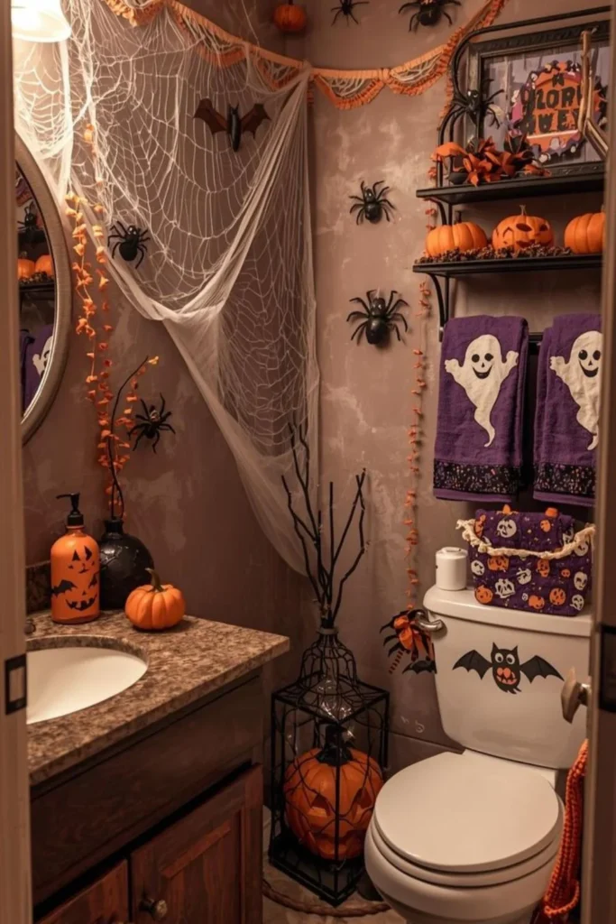 Halloween bathroom decorating idea 3: Wrap a Small Bathroom in Spider Webs and Ghost Towels