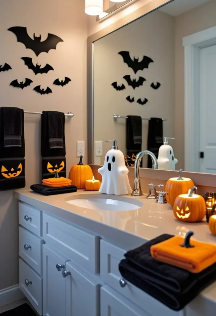 Halloween bathroom decorating idea 4: Balance a Double Vanity With Bats, Ghosts, and Pumpkins
