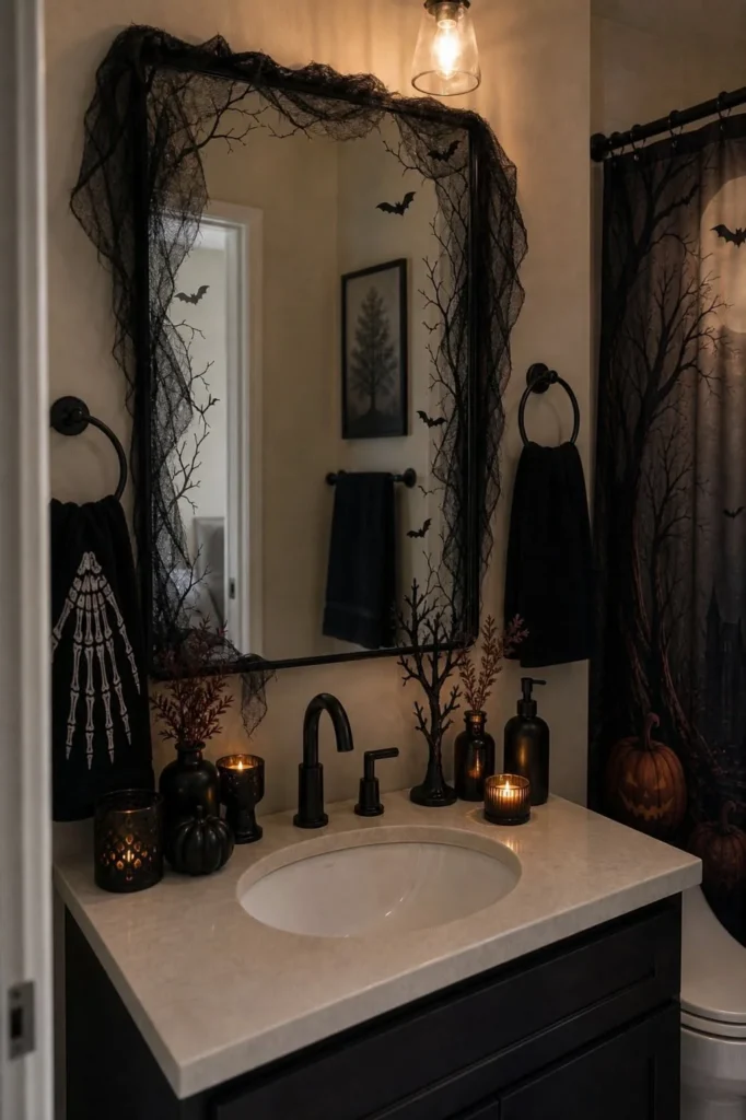 Halloween bathroom decorating idea 5: Go Moody With a Web Draped Mirror and Candlelight