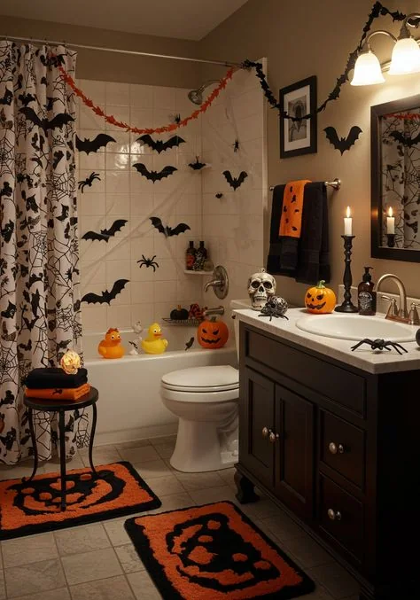 Halloween bathroom decorating idea 8: Layer Pumpkin Rugs, Bat Decals, and a Dark Vanity