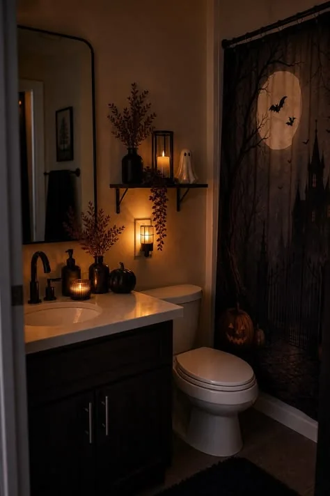 Halloween bathroom decorating idea 10: Set a Haunted House Shower Curtain Under a Full Moon