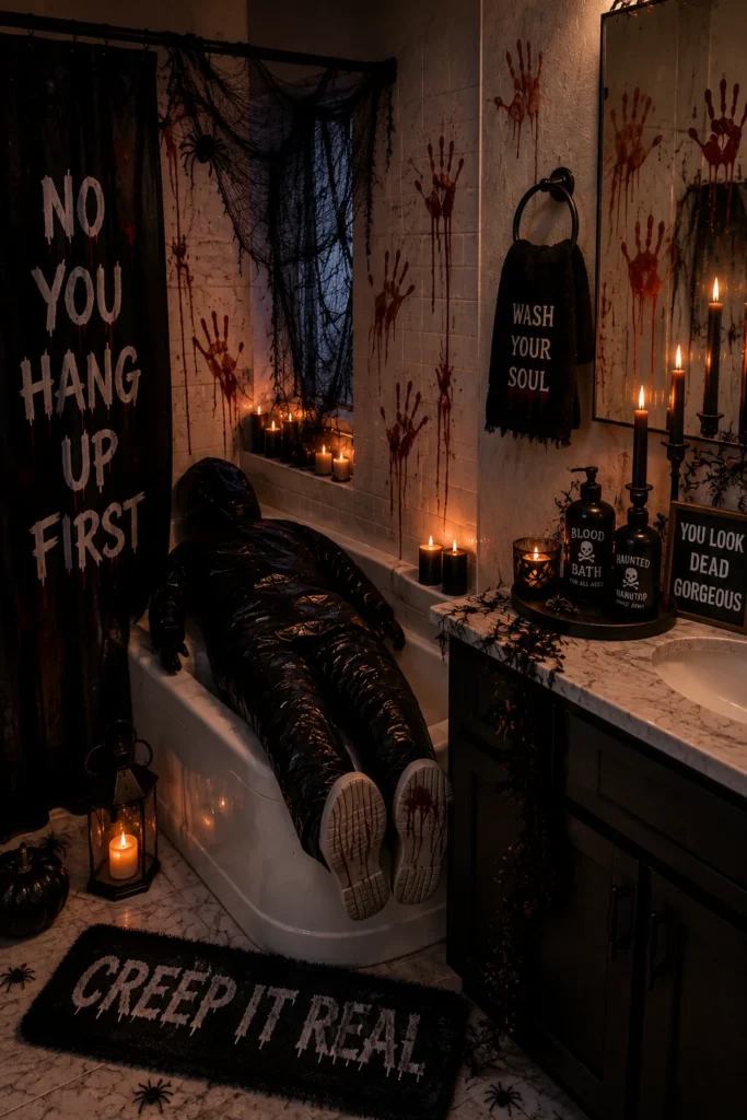 Halloween bathroom decorating idea 12: Put a Mummy in the Tub for a Party Night Scene
