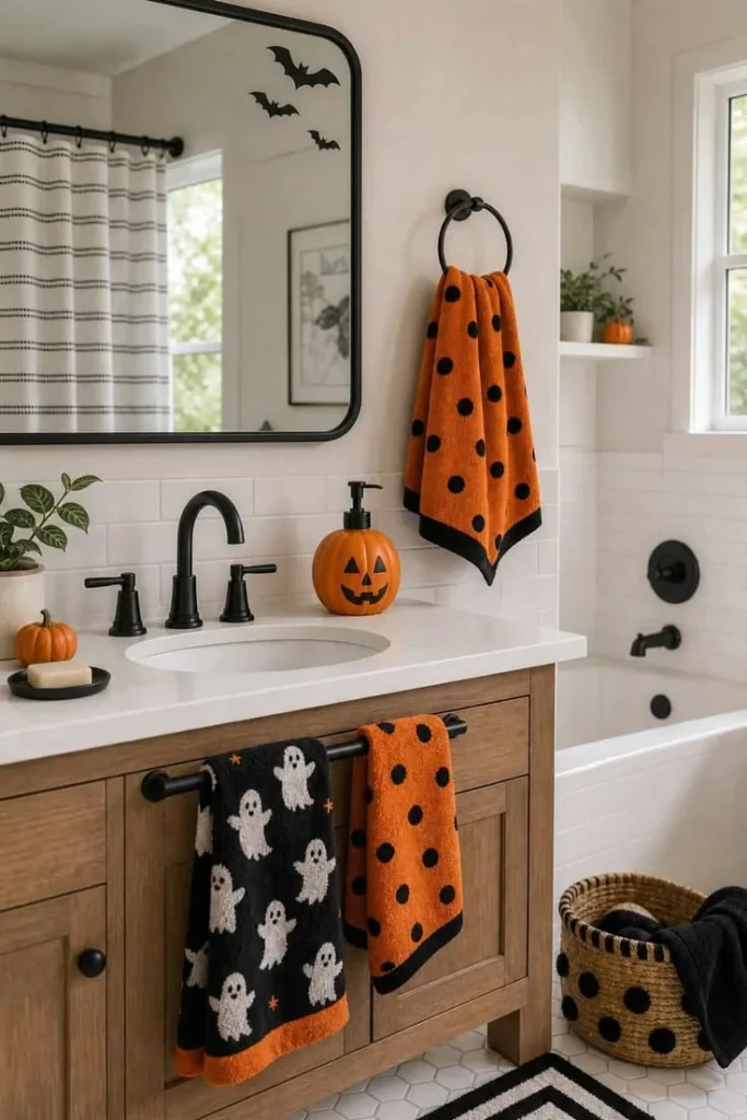 Halloween bathroom decorating idea 13: Mix Ghost Towels With Orange Dots for a Friendly Look