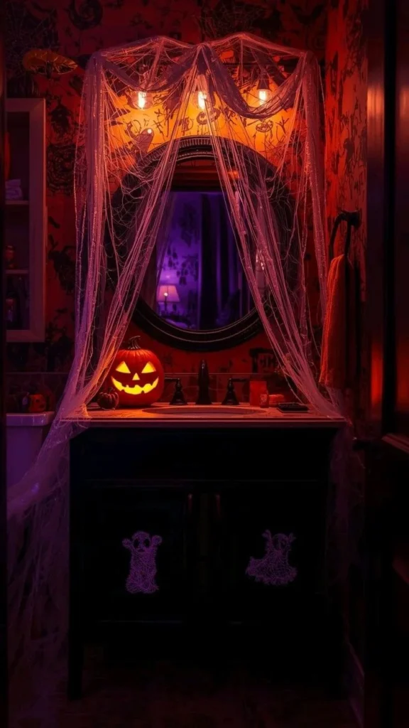 Halloween bathroom decorating idea 14: Drape Sheer Webs Over the Mirror and Light a Jack o Lantern