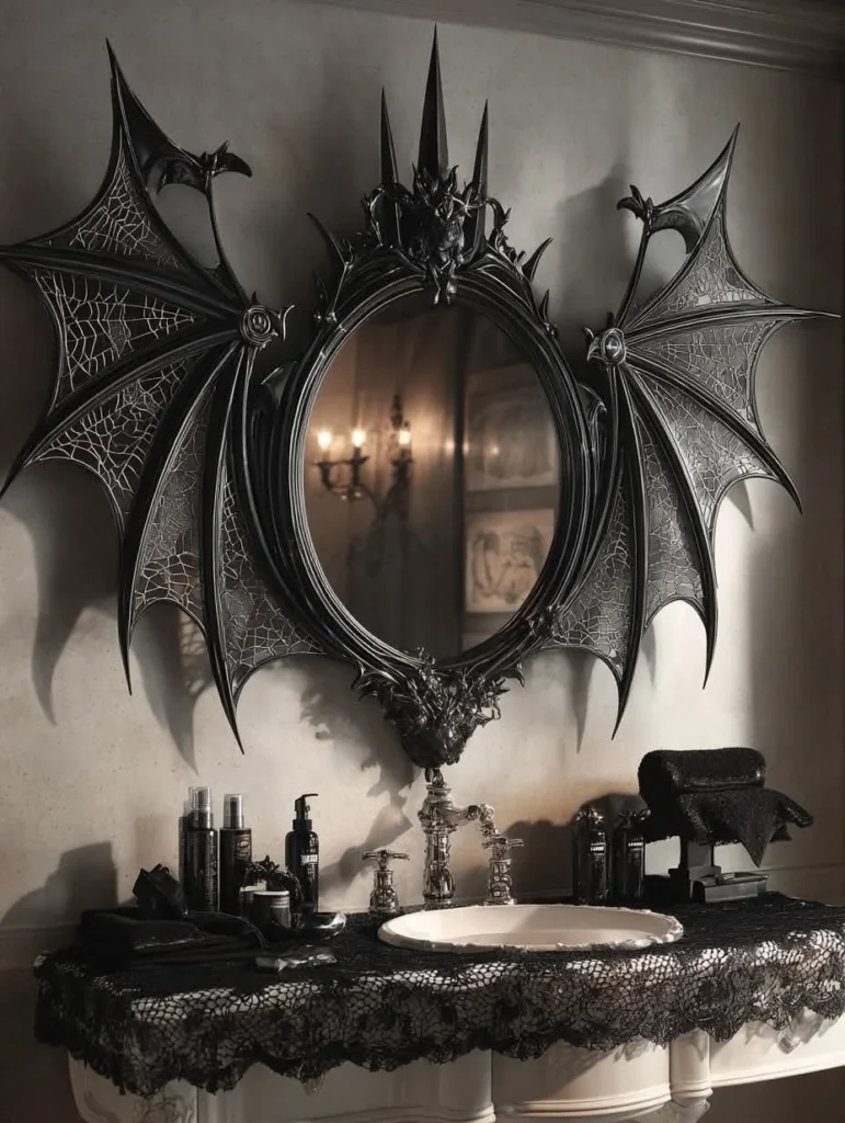 Halloween bathroom decorating idea 17: Let a Bat Wing Mirror Carry the Whole Room