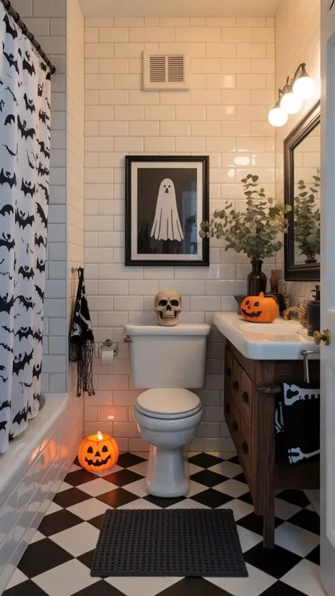 Halloween bathroom decorating idea 18: Keep a Small Bathroom Crisp With Ghost Art and a Bat Curtain