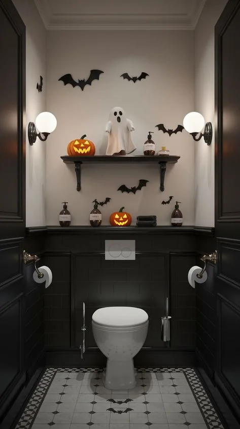 Halloween bathroom decorating idea 21: Pair Black Panelling With a Pale Ghost Shelf