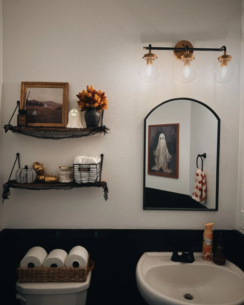 Halloween bathroom decorating idea 22: Try Quiet Halloween With Floating Shelves and a Ghost Print