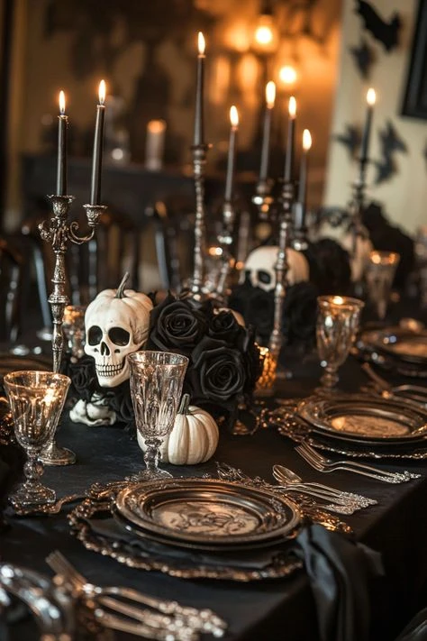 Halloween tablescape idea 5: Pair Skulls With Black Roses for a Gothic Centerpiece