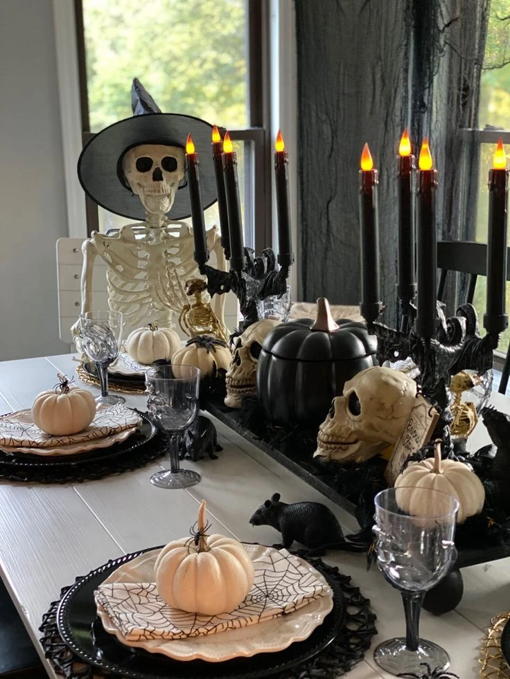 Halloween tablescape idea 8: Let a Witch-Hatted Skeleton Host the Table