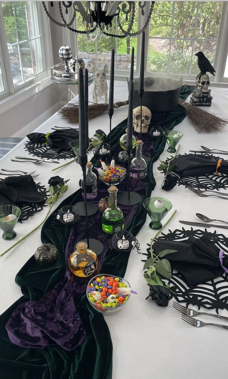 Halloween tablescape idea 11: Add a Purple Velvet Runner for a Witchy Glow