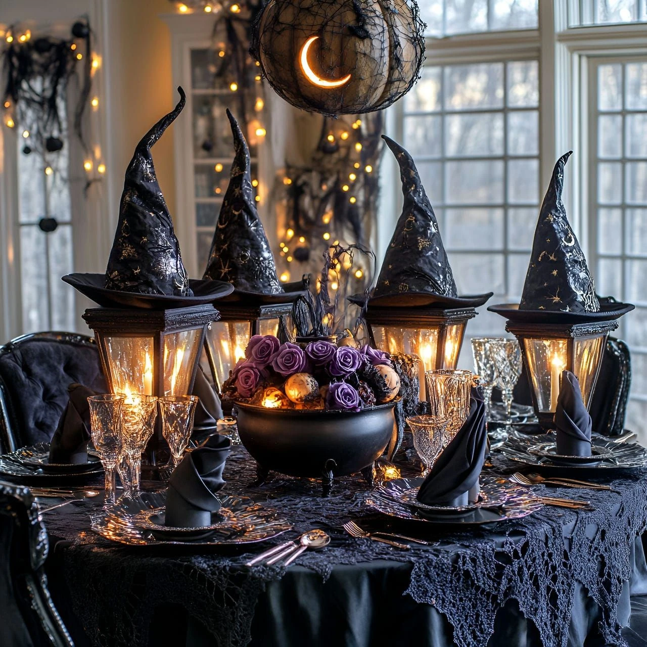 Halloween tablescape idea 13: Light Witch-Hat Lanterns Around a Cauldron Centerpiece