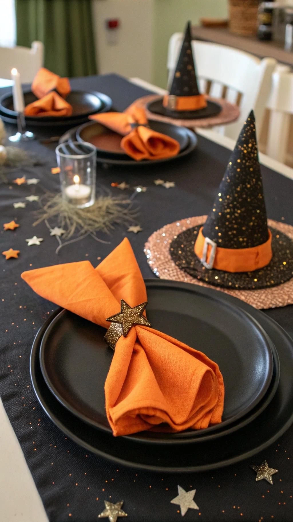 Halloween tablescape idea 17: Fold Napkins Into Witch Hats at Each Place