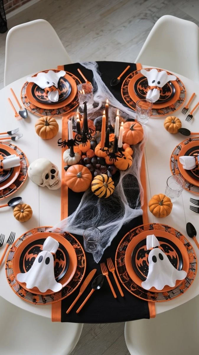 Halloween tablescape idea 18: Serve on Friendly Ghost Plates for a Family Table