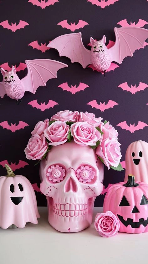 Pink Halloween decor idea 1: Crown a Pink Skull With Roses for a Moody Centerpiece