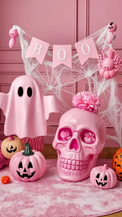 Pink Halloween decor idea 2: Hang a Pink BOO Garland Over a Corner Vignette