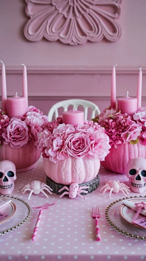 Pink Halloween decor idea 3: Set a Pink Pumpkin Flower Table