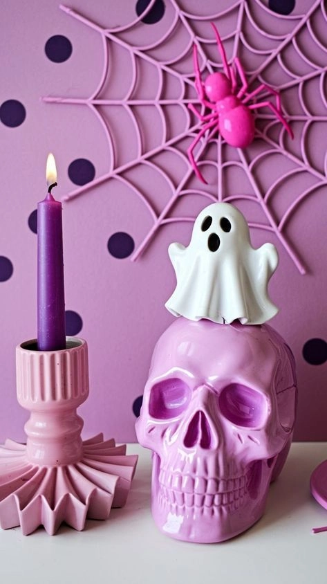Pink Halloween decor idea 4: Top a Lavender Skull With a Tiny Ghost