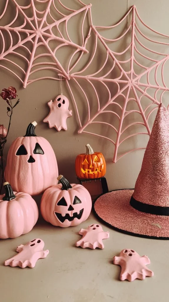Pink Halloween decor idea 5: Dress a Shelf Corner in Pink Spider Webs