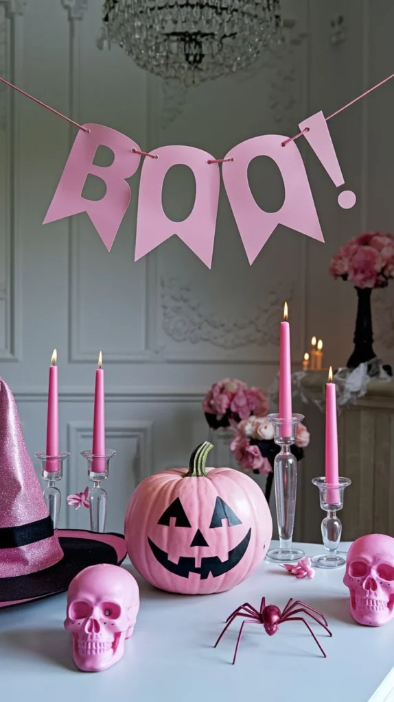 Pink Halloween decor idea 6: Raise a Pink BOO Banner Over Candlelight