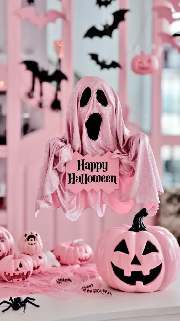 Pink Halloween decor idea 12: Let a Pink Ghost Hold the Greeting